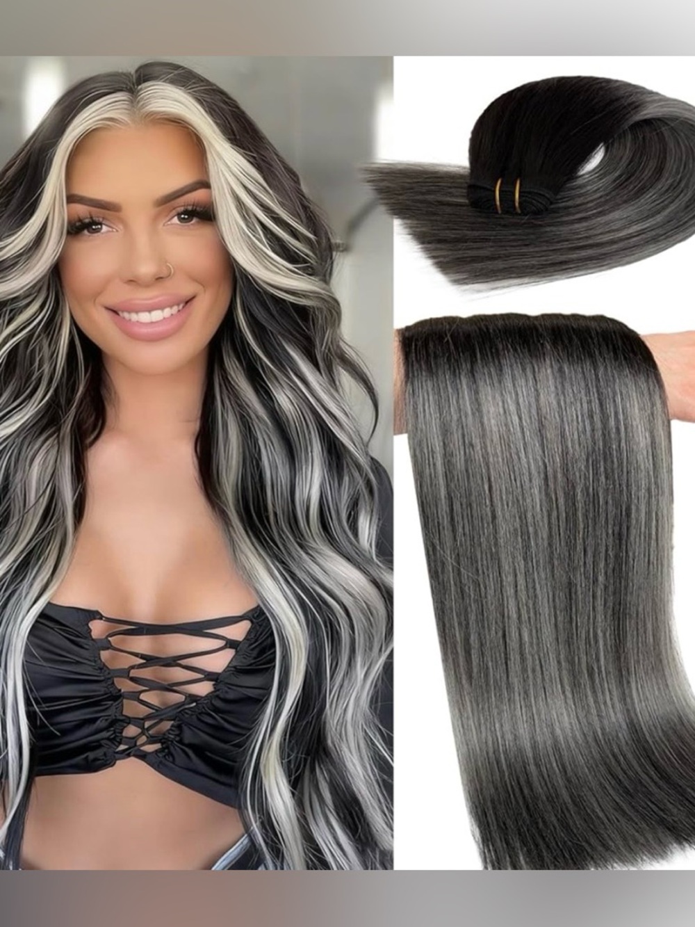 Natural Black Silver Balayage Human Hair 20 Inch Hair Extensions